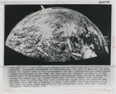 A group of five early views of the Earth from space, press and wire photographs, comprising:1) The largest area of Earth hith