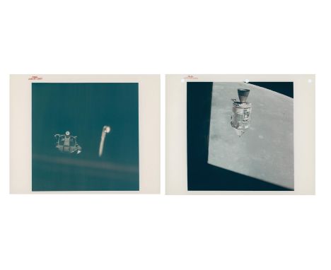 Alfred Worden, James Irwin, or David ScottA pair of photographs, comprising:1) Lunar Module, ascent stage, EVA floodlight at 