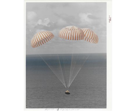 NASACommand Module 'Kitty Hawk' with Apollo 14 astronauts onboard approaches touchdown in the South Pacific Ocean ending a 10