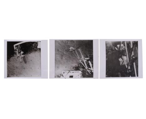 A group of three photographs, depicting Surveyor 3 working through the trenches, scooping up lunar soil samples by the use of
