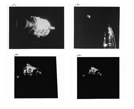 James Lovell, Fred Haise or Jack SwigertFour views of the spacecraft after the explosion in the oxygen tank and subsequent je