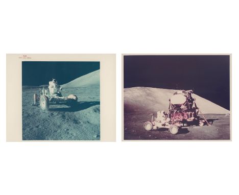 Harrison SchmittA pair of images, comprising:1) Eugene Cernan testing the unloaded Lunar Rover at Taurus-Littrow landing site