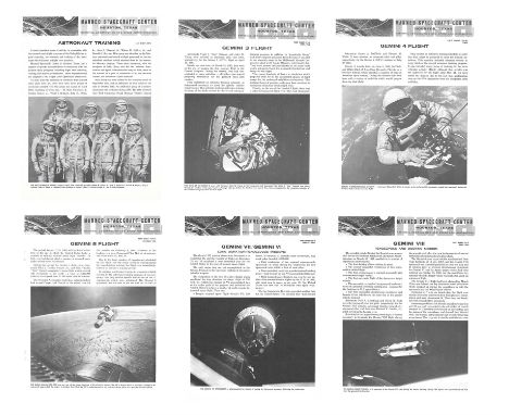 A group of vintage ephemeral items, comprising:1) Six NASA Fact Sheets, 'Astronaut Training' (no 209), 'Gemini 3 Flight' (no 