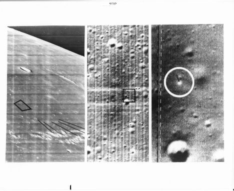 Cameras onboard Lunar Orbiter 3's robotic spacecraftA mosaic of three photographs showing three views of the area on the Moon