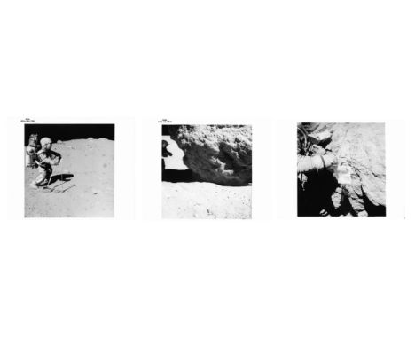 Three views of lunar experiments, comprising:1) Charles DukeJohn Young collects lunar samples near North Ray crater23 April 1