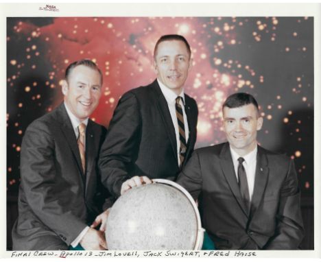 NASAPortrait photograph of the Apollo 13 final crew, Jim Lovell, Fred Haise and Jack Swigert, the day before the launch.10 Ap