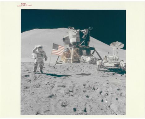 David ScottJames Irwin gives a military salute while standing beside the US flag, Lunar Module and Lunar Rover31 July 1971Vin