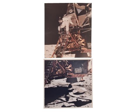 Neil ArmstrongA set of two sequential images:1) A view of the Lunar Module on the surface of the Moon with jettison bag nearb