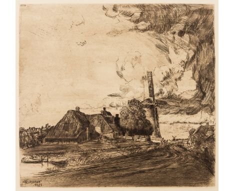 NO RESERVE Eckener (Alexander) Group of six landscapes, including 'Mühle mit Landweg', a maritime seascape, and others, etchi