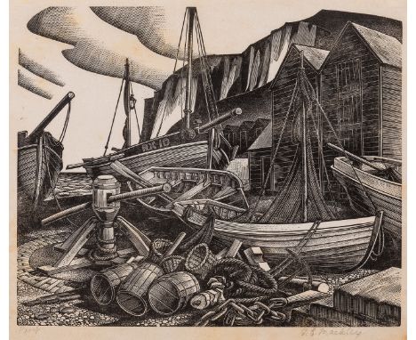 δ Mackley (George) Fishing Boats [Hastings], wood-engraving on Japan paper, signed in pencil and inscribed 'Proof' by the art