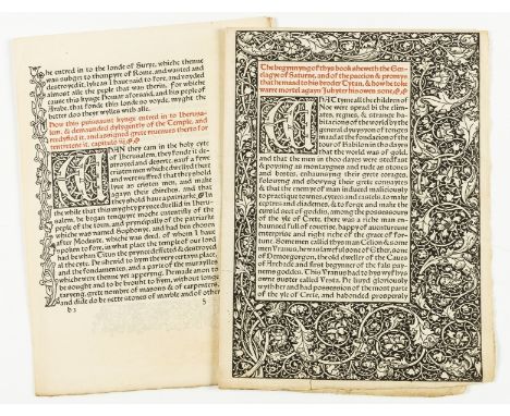 Kelmscott Press.- Specimen sheet for 'The Recuyell of the Historyes of Troye', folded sheet  (pp.1/2 &amp; 15/16) comprising 