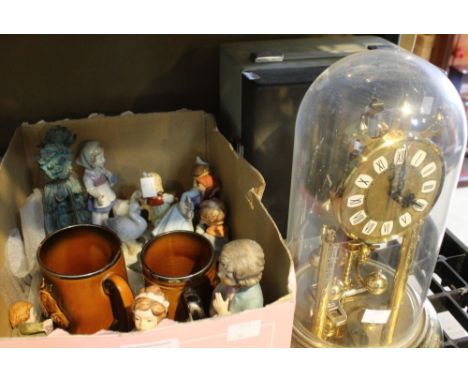 A box containing a selection of ceramic figurines etc plus an anniversary clock and a vintage projector&nbsp;