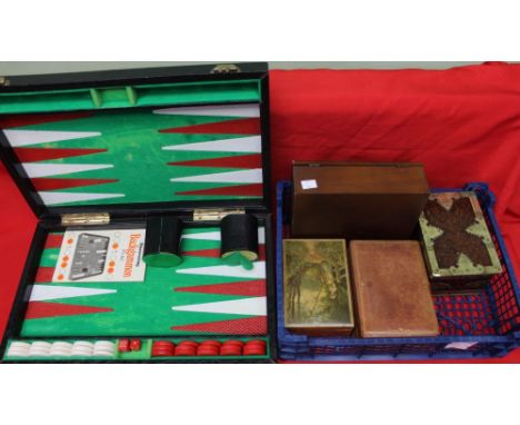 Backgammon game, leather box and collectors tins