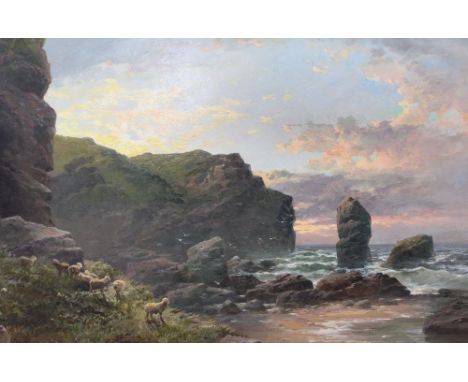 George Henry Jenkins (1843-1914) "Rocky Coastal Scene", sheep on the foreshore, oil painting on canvas, signed, 32cm x 48cm, 