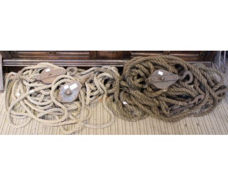 Two sets of vintage rope block and tackles