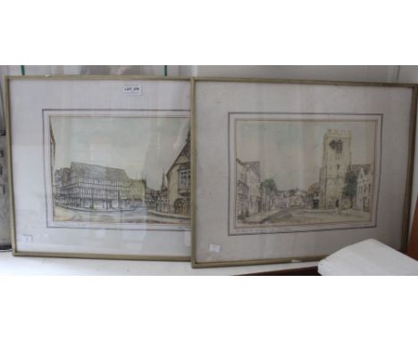 Paul M Whiston, "High Street Henley-in-Arden" and "Evesham Town Center" two architectural ink drawings coloured with watercol