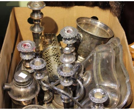 Quantity of silver plate, includes vegetable tureen, cocktail shaker, ice bucket, caddy, tray, candlesticks etc