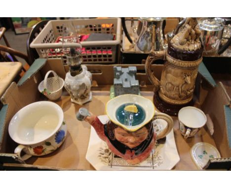 A box of assorted ceramic items, Toby jug, oil lamp, etc (8)