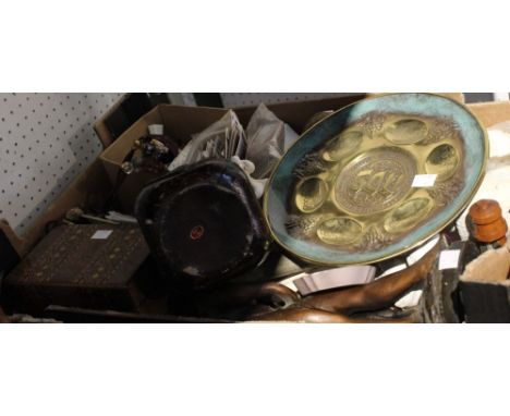 A box containing a good selection of vintage collectibles including hat pins, figurines, etc