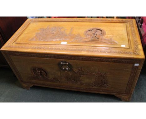 A 20th century Oriental camphor wood carved trunk&nbsp;