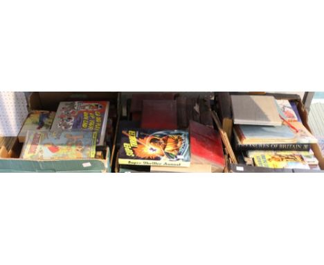 Three tray boxes of vintage vintage books including children's, fiction, annuals etc