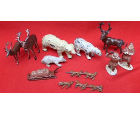 A J Hill and Co painted die cast Polar Bear, other bears, deer, dog sled team and two Inuit