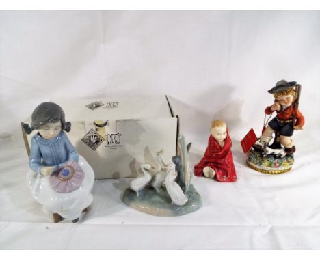 A Royal Doulton figurine entitled This Little Pig HN1793, two Nao figurines one depicting a young girl sewing the other depic