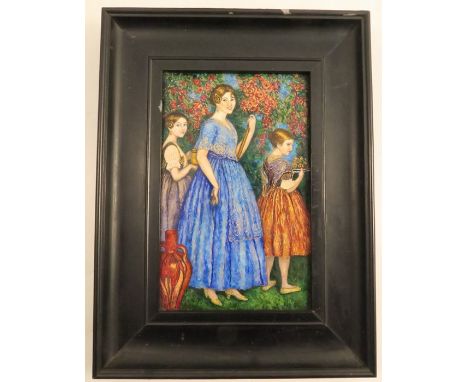 A rectangular enamel plaque, entitled Glorious Summer Days, inscribed to the reverse EMW 1927 (E M Wilesmith), three girls pi