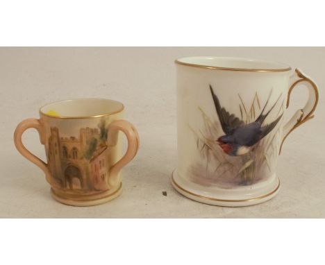 A Royal Worcester miniature mug, decorated with a Swallow by W Powell, height 2.5ins, together with a Royal Worcester miniatu