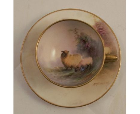 A Royal Worcester miniature tea cup and saucer, the interior of the cup and the saucer decorated with sheep by Ernest Barker,