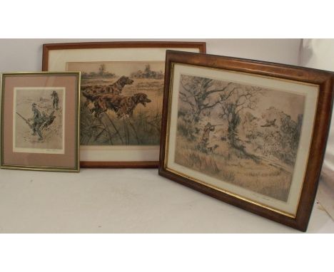 Henry Wilkinson, three coloured etchings, two red setter dogs in landscape, 10.5ins x 14ins, pheasant and guns, 8ins x 6.5ins