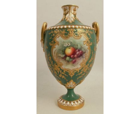 A Royal Worcester vase, decorated with hand painted fruit by Chivers, to a green ground, shape number 2207, circa 1904, with 