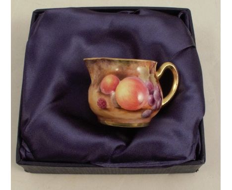 A Royal Worcester miniature jug, decorated with fruit to a mossy background by Bowman, boxedCondition Report:  Good condition