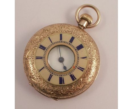 A lady's chased, engraved and enamelled half hunter circular fob watch, with enamel dial, the back plate engraved W Batty &am