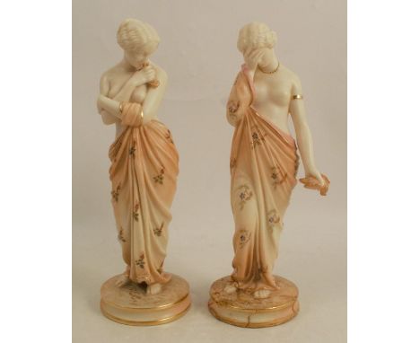 A pair of Royal Worcester blush ivory figures, Joy and Sorrow, Sorrow af, dated 1908, height 10insCondition Report:  The base