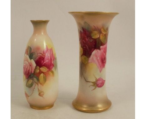 A Royal Worcester spill vase, decorated with roses by Blake, shape number G923, height 6ins, together with a Royal Worcester 