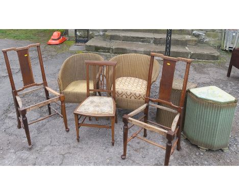 Two Lloyd Loom gold chairs, together with two linen baskets, three chairs and a lamp standard
