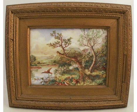 A rectangular porcelain plaque, decorated with birds in a river landscape, 6ins x 8ins, attributed to William Hawkins,  not s