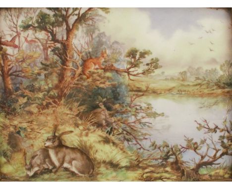 A rectangular porcelain plaque, decorated with hares in a landscape, 6.25ins x 8.5ins, attributed to William Hawkins,  not st