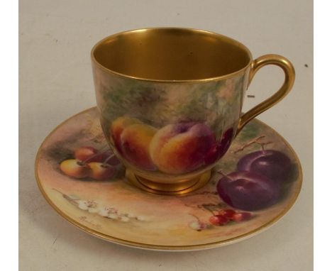 A Royal Worcester coffee cup and saucer, decorated with hand painted fruit by Ricketts, dated approximately 1915&nbsp;Conditi