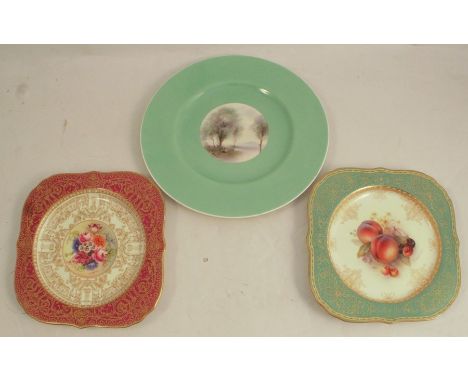 A Royal Worcester square plate, decorated with hand painted fruit by Richard Sebright, to a rich gilt and green border, maxim