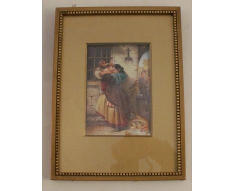 An unmarked rectangular porcelain plaque, decorated with a view of a mother and child outside a gaol, in a European town land