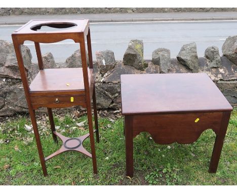 A 19th century mahogany wash stand, of square form, with well to the top, over a drawer with plant shelf below, 11.5ins x 11.