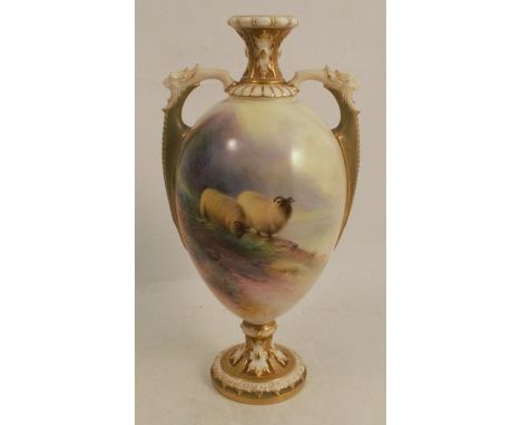 A Royal Worcester porcelain vase, decorated with sheep in a mountainous landscape by Harry Davis, with a small vignette to th