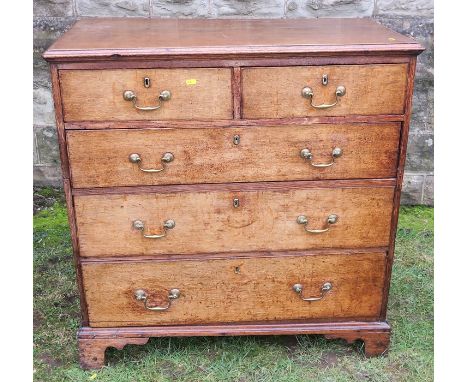 An 18th century oak chest, of two short drawers over three long drawers, raised on bracket feet, (cut in half), width 37.5ins