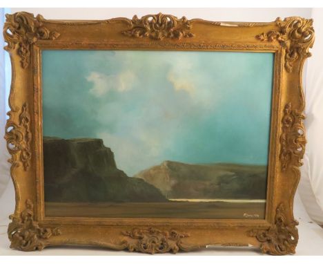R Gore, 1978, oil on canvas, beach scene with cliffs, 17.5ins x 23ins