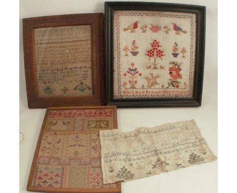 Two framed tapestry samplers, one with alphabet, text and pictures by Elizabeth Arthenct aged 10 1830, 11.5ins x 9.5ins, the 
