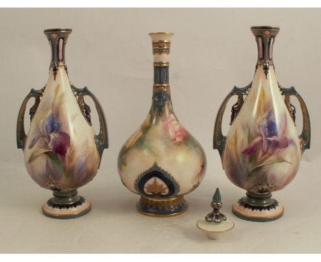 A Hadley's Worcester vase of bottle form, decorated with roses, height 9.5ins, together with a pair of Hadley's vases, decora