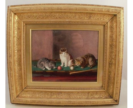 A 19th century rectangular porcelain plaque, decorated with kittens playing on a billiard table, 7.5ins x 9.5ins, signed and 