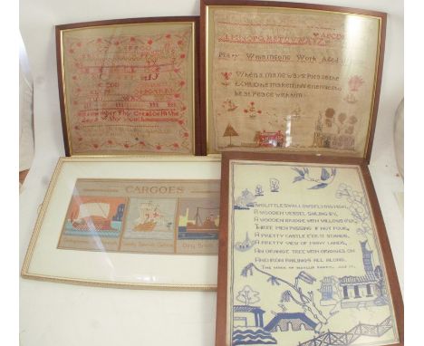 A 19th century tapestry sampler, with alphabet, pictures and verse by Mary Williamson aged 11 1828, 15ins x 17ins, together w